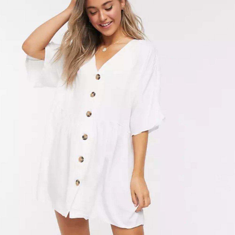 ASOS DESIGN v neck button through mini smock dress in white Size 8
